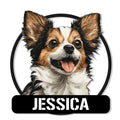 Custom Chihuahua metal sign featuring a cheerful long-haired tricolor dog portrait in a bold circular design