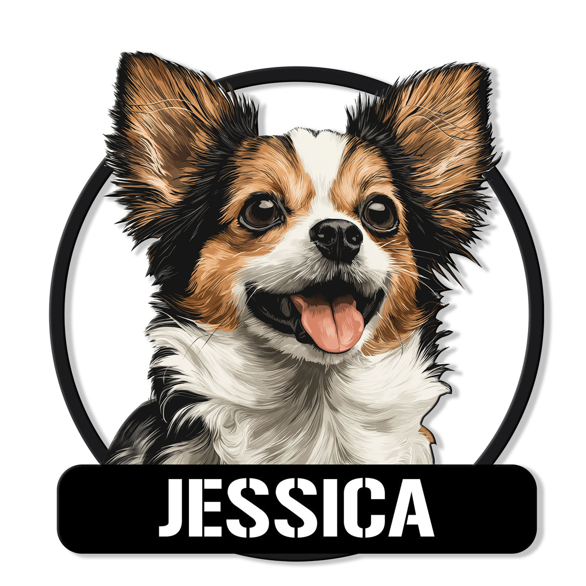 Custom Chihuahua metal sign featuring a cheerful long-haired tricolor dog portrait in a bold circular design