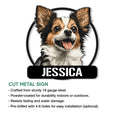 Chihuahua dog portrait displayed on a cut metal sign with a bold black circular frame