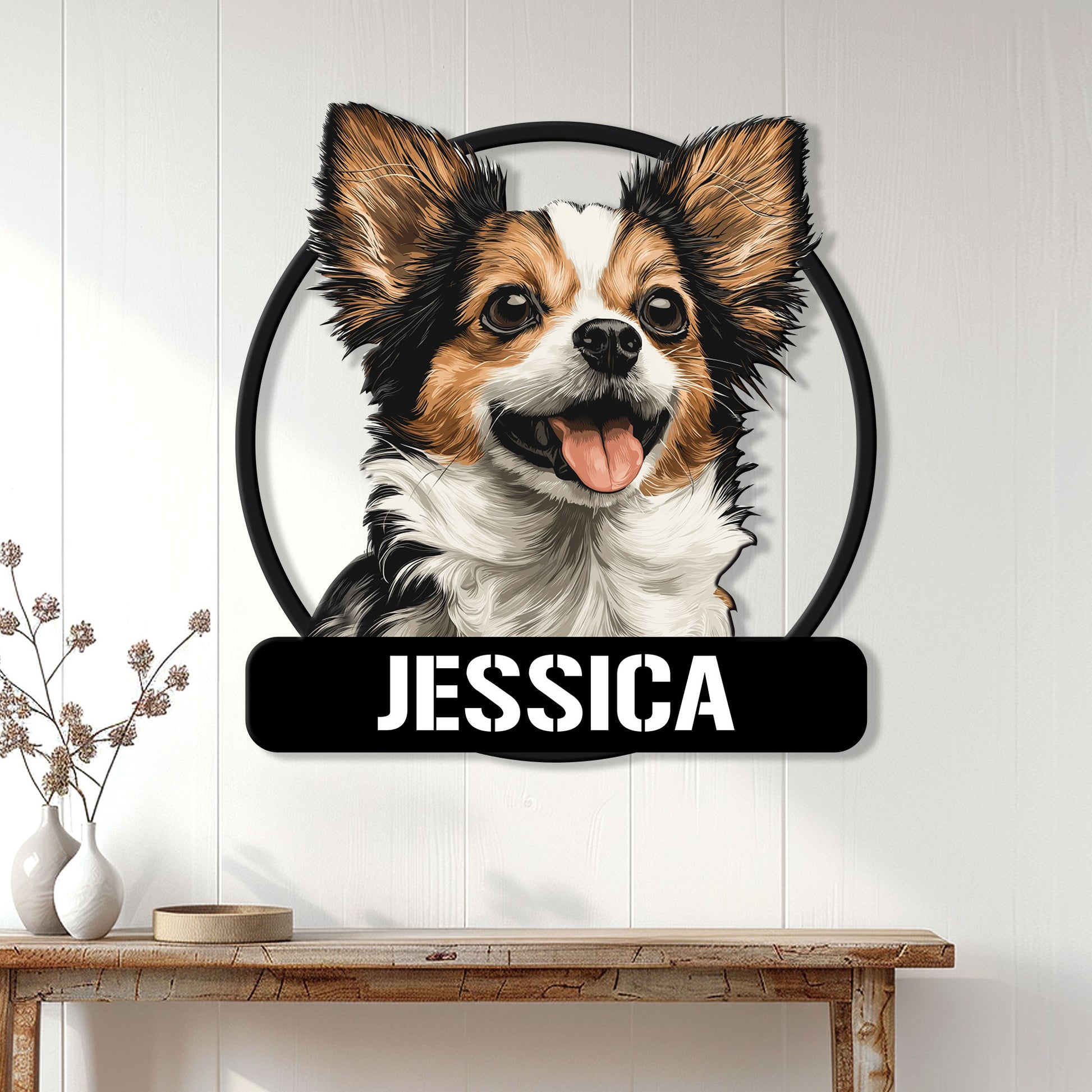 Custom Chihuahua wall sign shown as welcoming home decor above a console table