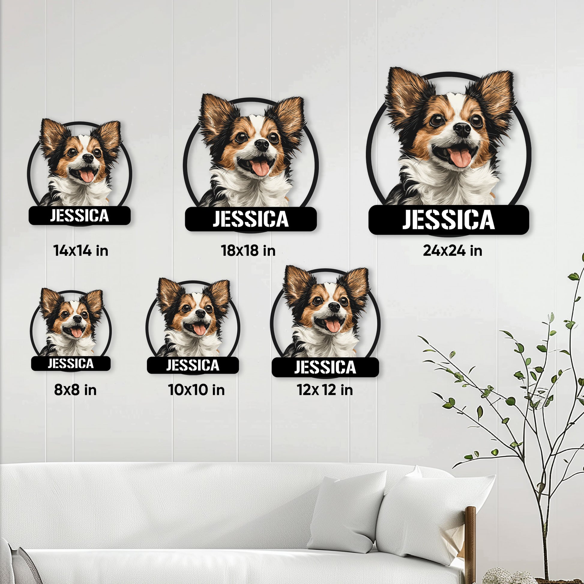 Chihuahua metal sign size guide showing multiple square size options for wall display
