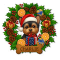 Custom Yorkie metal sign featuring a Santa hat, wrapped gifts, holly leaves, pinecones, berries, and dried oranges