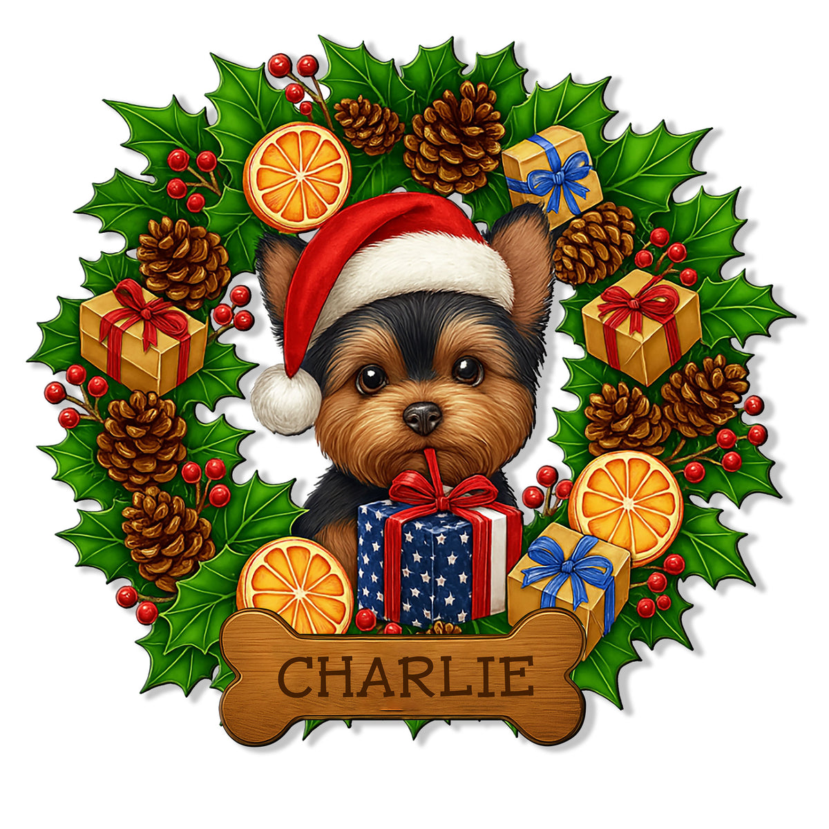 Custom Yorkie metal sign featuring a Santa hat, wrapped gifts, holly leaves, pinecones, berries, and dried oranges