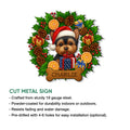 Yorkie Christmas metal sign product graphic showing the holiday dog artwork and cut metal sign details