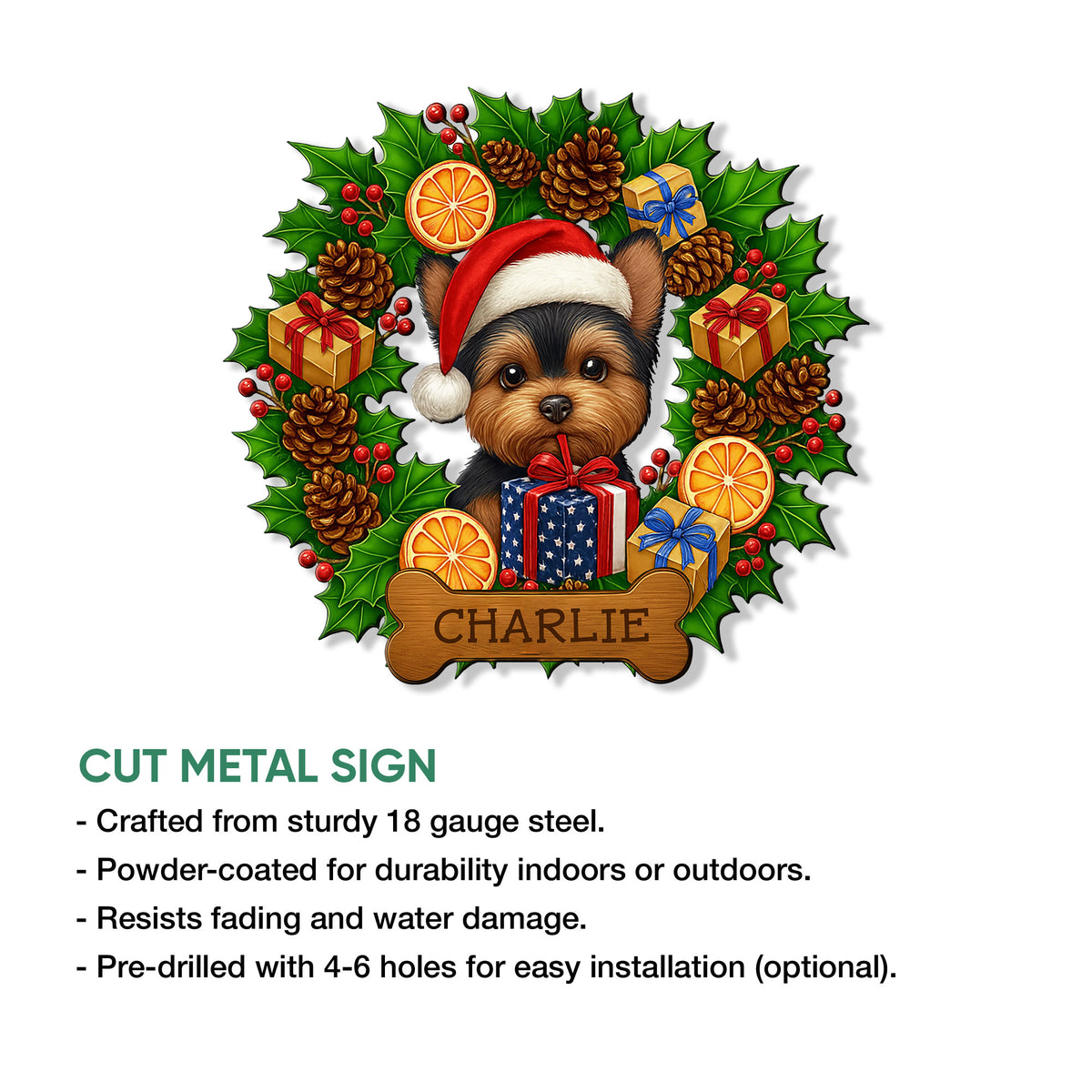 Yorkie Christmas metal sign product graphic showing the holiday dog artwork and cut metal sign details