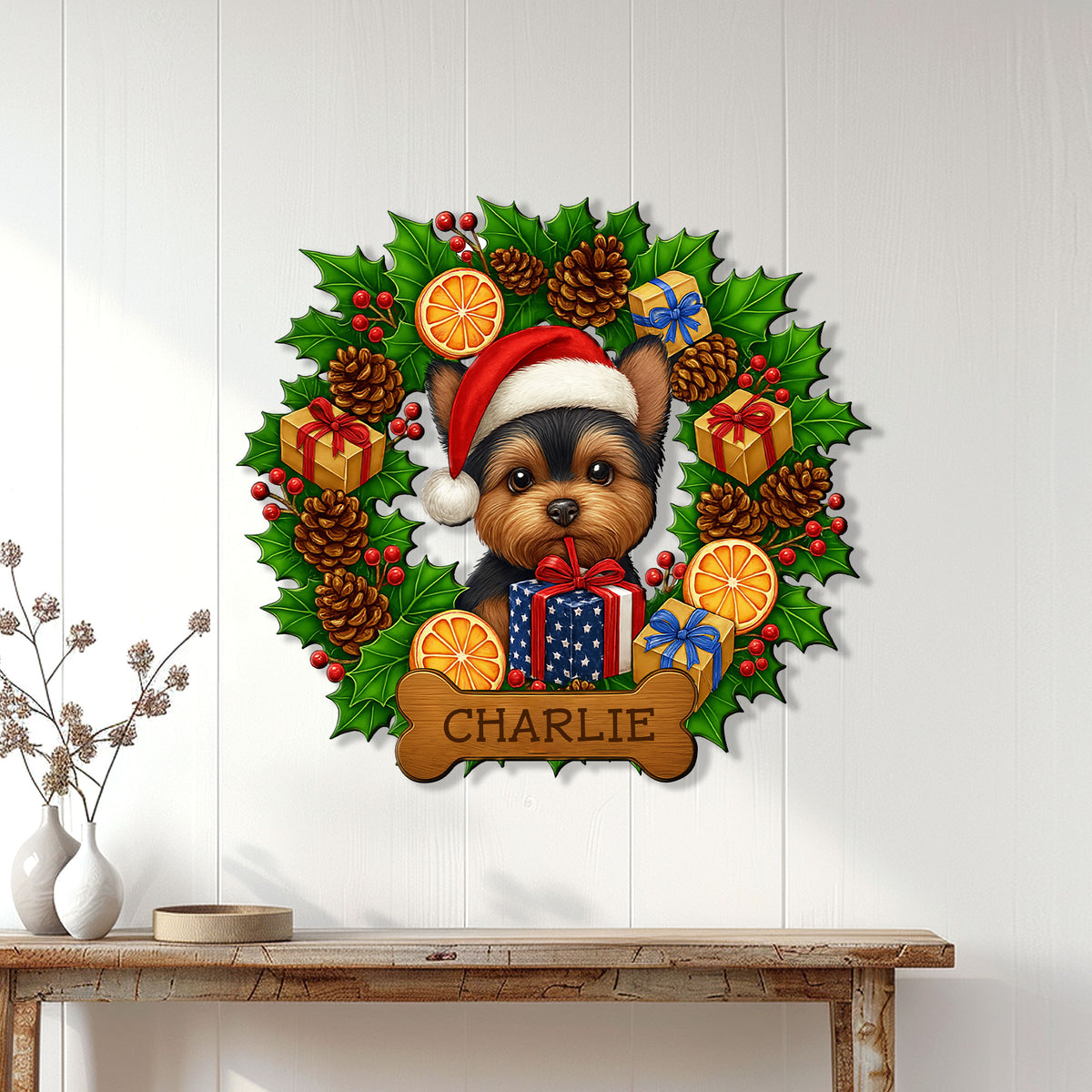 Yorkie holiday metal sign displayed on a white paneled wall above a console table
