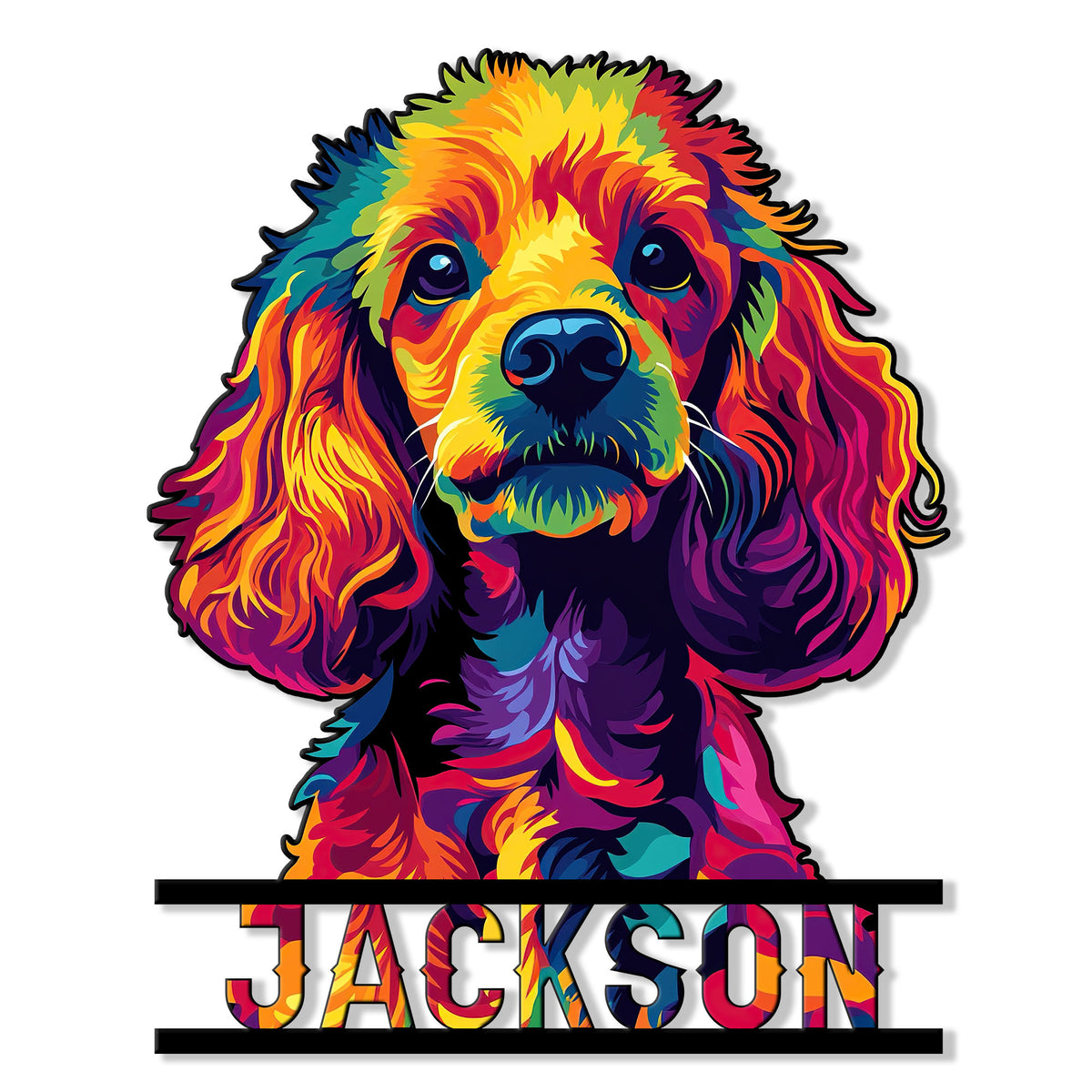 Vibrant multicolor poodle portrait cut into a decorative metal sign with a bold custom design