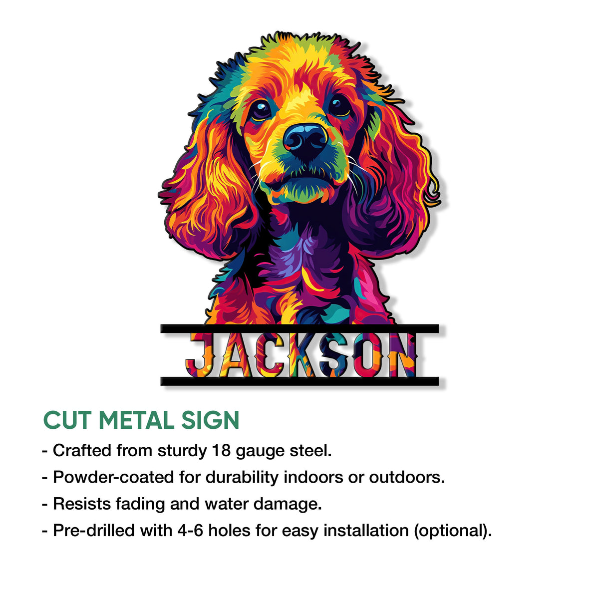 Colorful poodle metal sign shown with a product feature infographic for indoor or outdoor decor