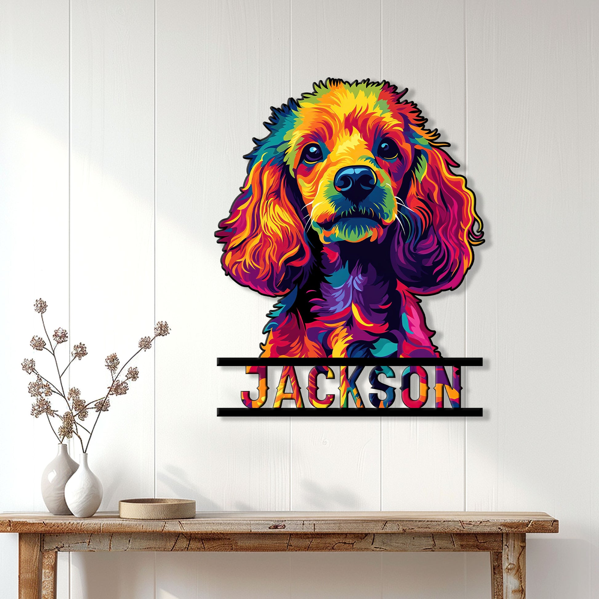 Vibrant poodle metal wall sign displayed on a light wood-paneled wall above a console table