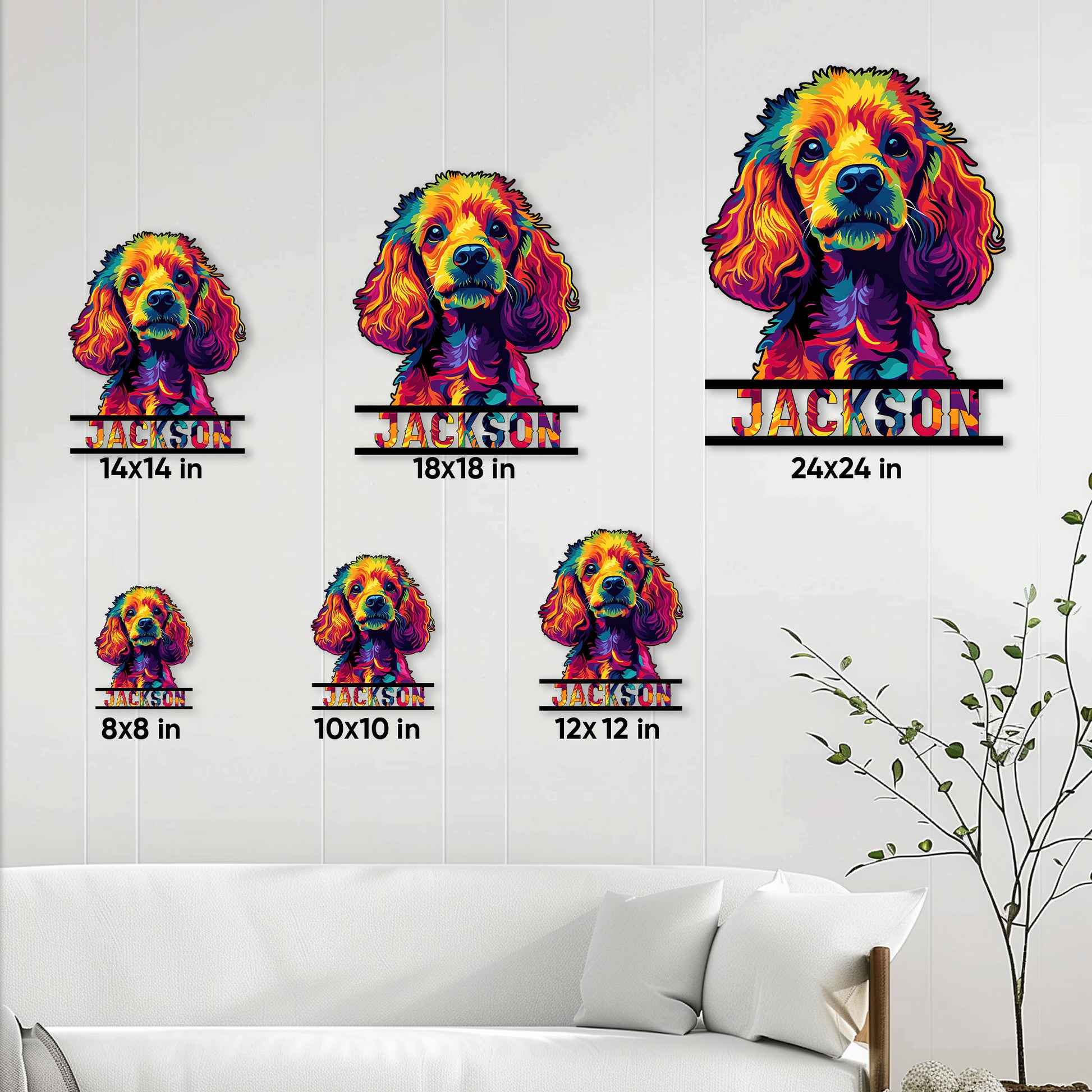 Poodle metal sign size guide showing available square sizes from 8 by 8 to 24 by 24 inches