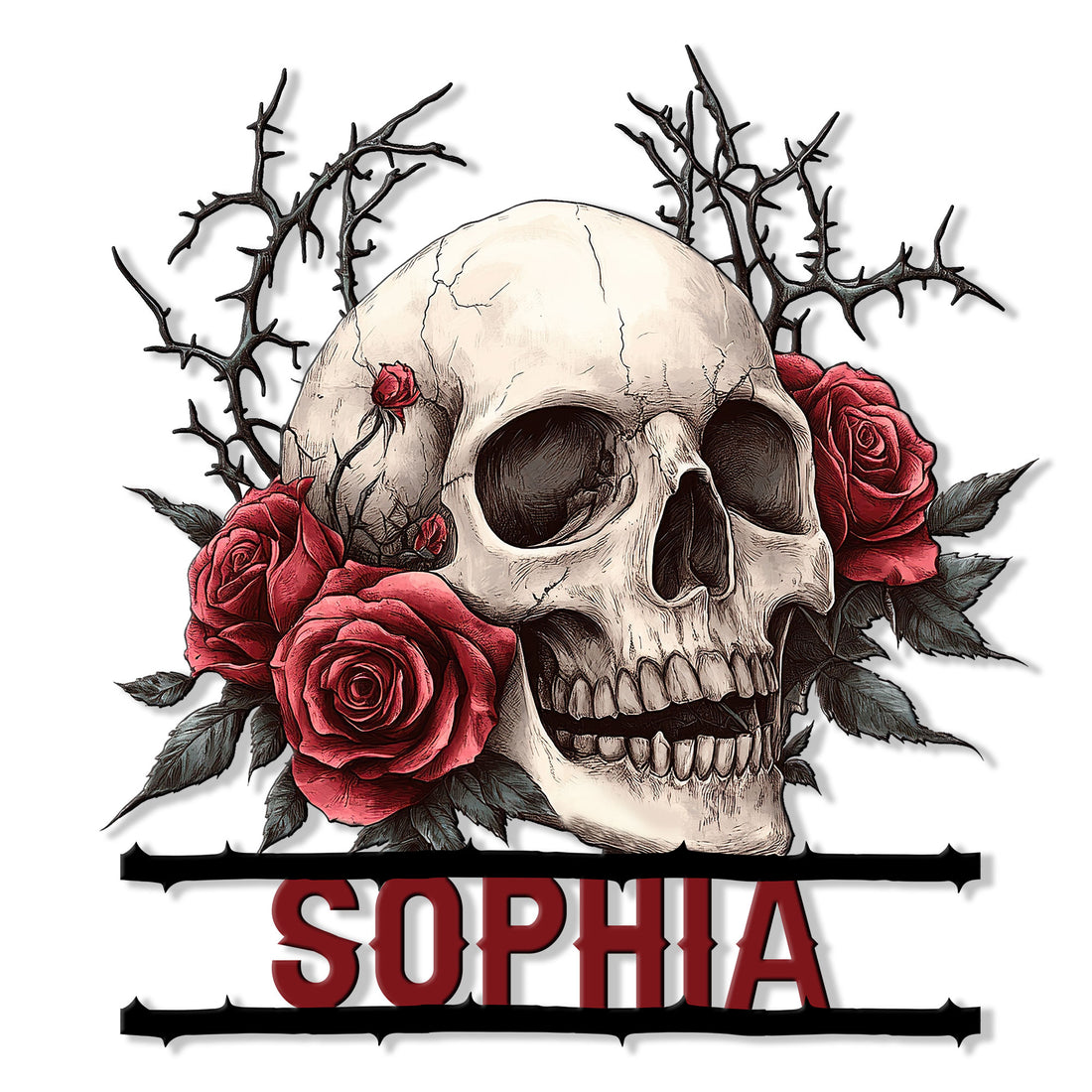 Custom skull metal sign with red roses and thorny branches in a dark romantic gothic design