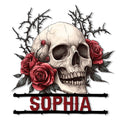 Custom skull metal sign with red roses and thorny branches in a dark romantic gothic design