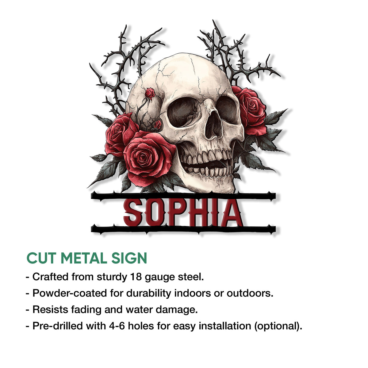 Skull metal sign feature graphic highlighting the cut-metal design for indoor or outdoor display