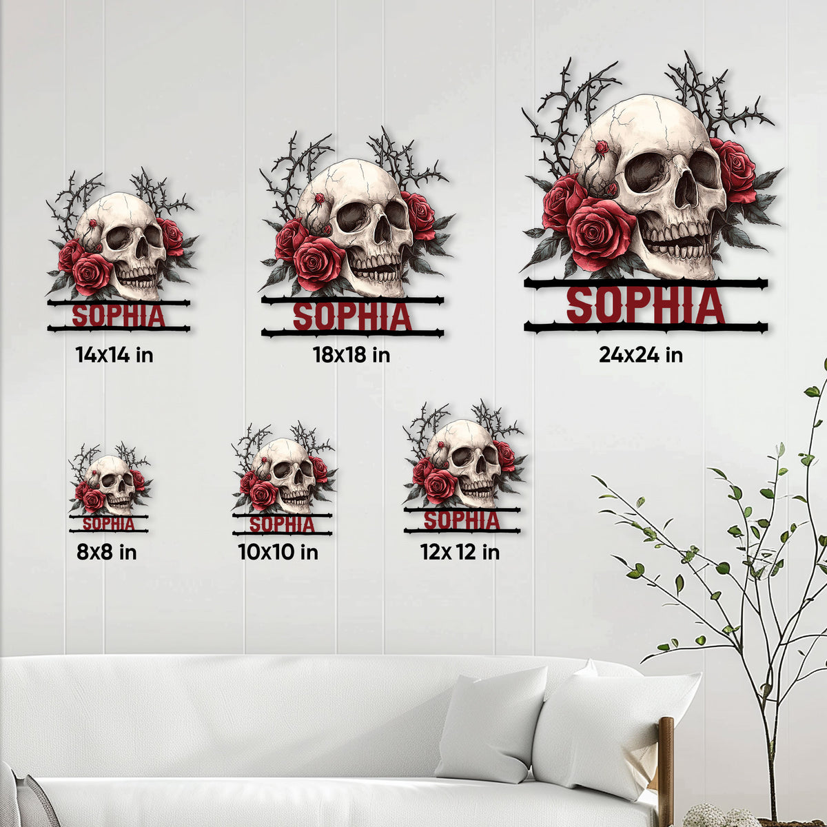 Skull rose metal sign size guide showing square options from 8 by 8 to 24 by 24 inches