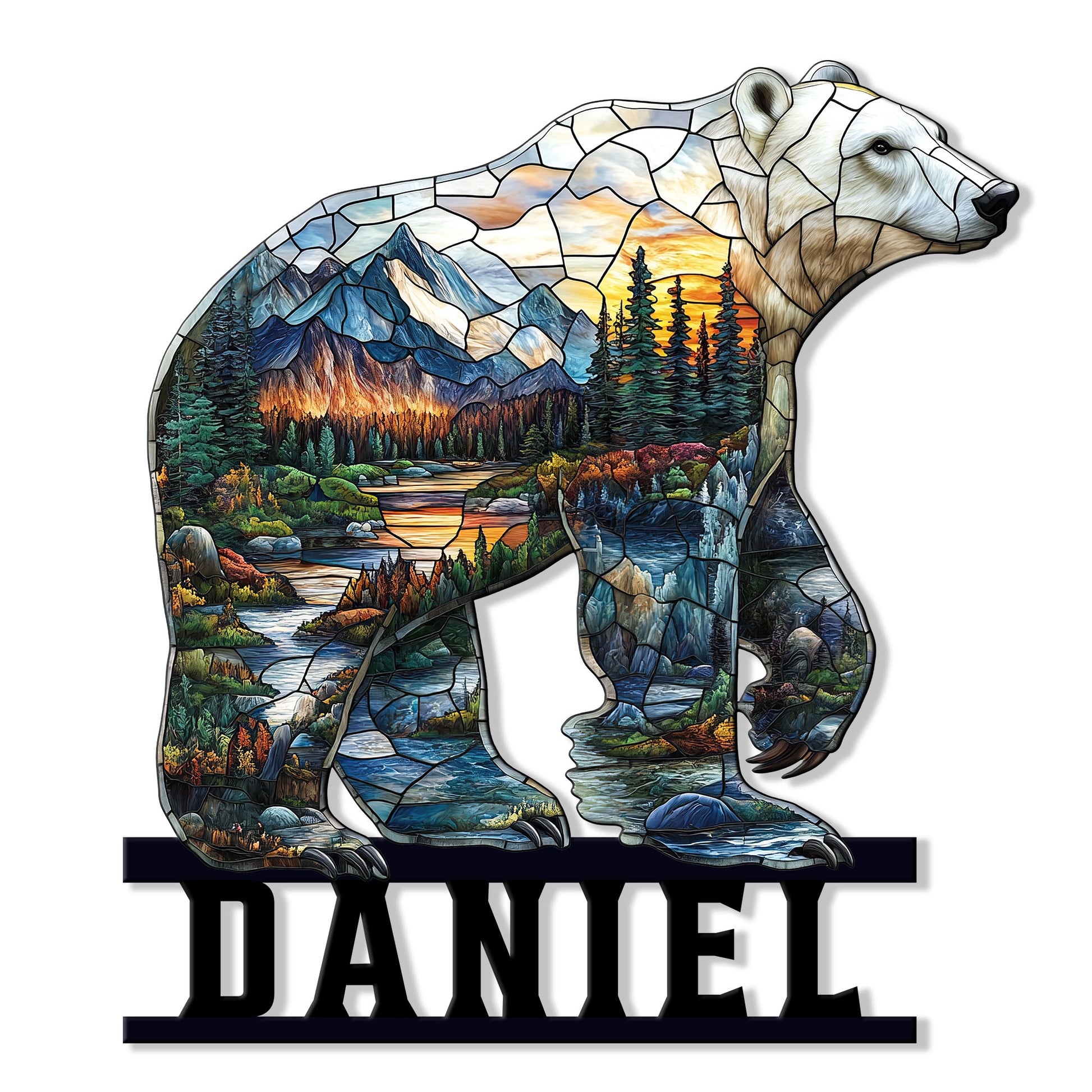 Stained glass style bear metal sign featuring mountain peaks, evergreen trees, rivers, and a sunset landscape