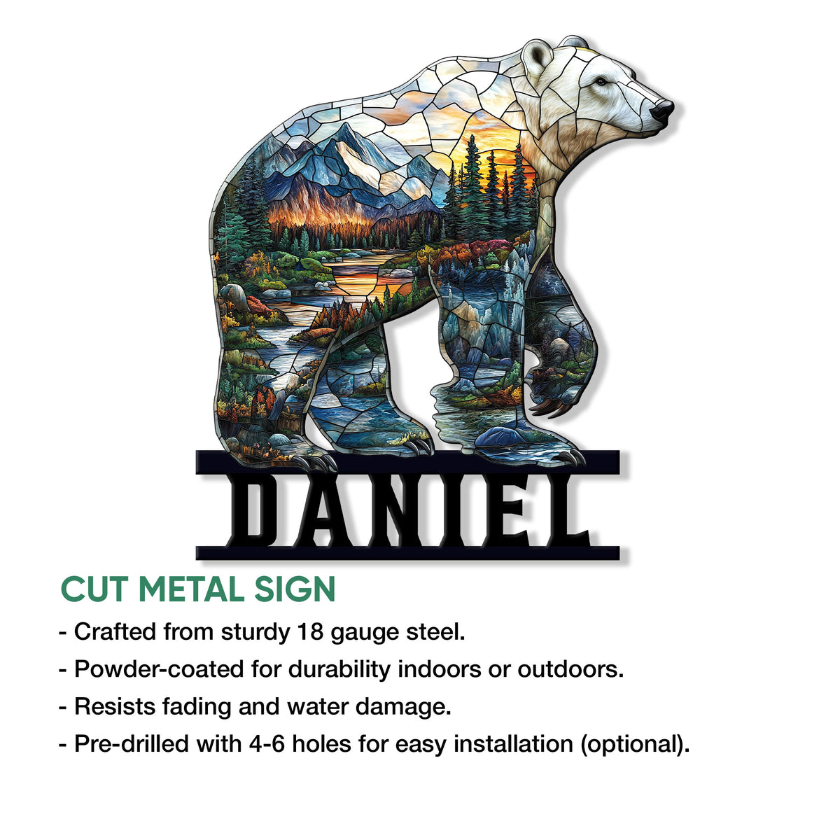 Bear-shaped cut metal sign with colorful wilderness scenery and a bold custom base design
