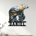 Bear mountain landscape metal sign displayed on a light wood wall in a nature-inspired room