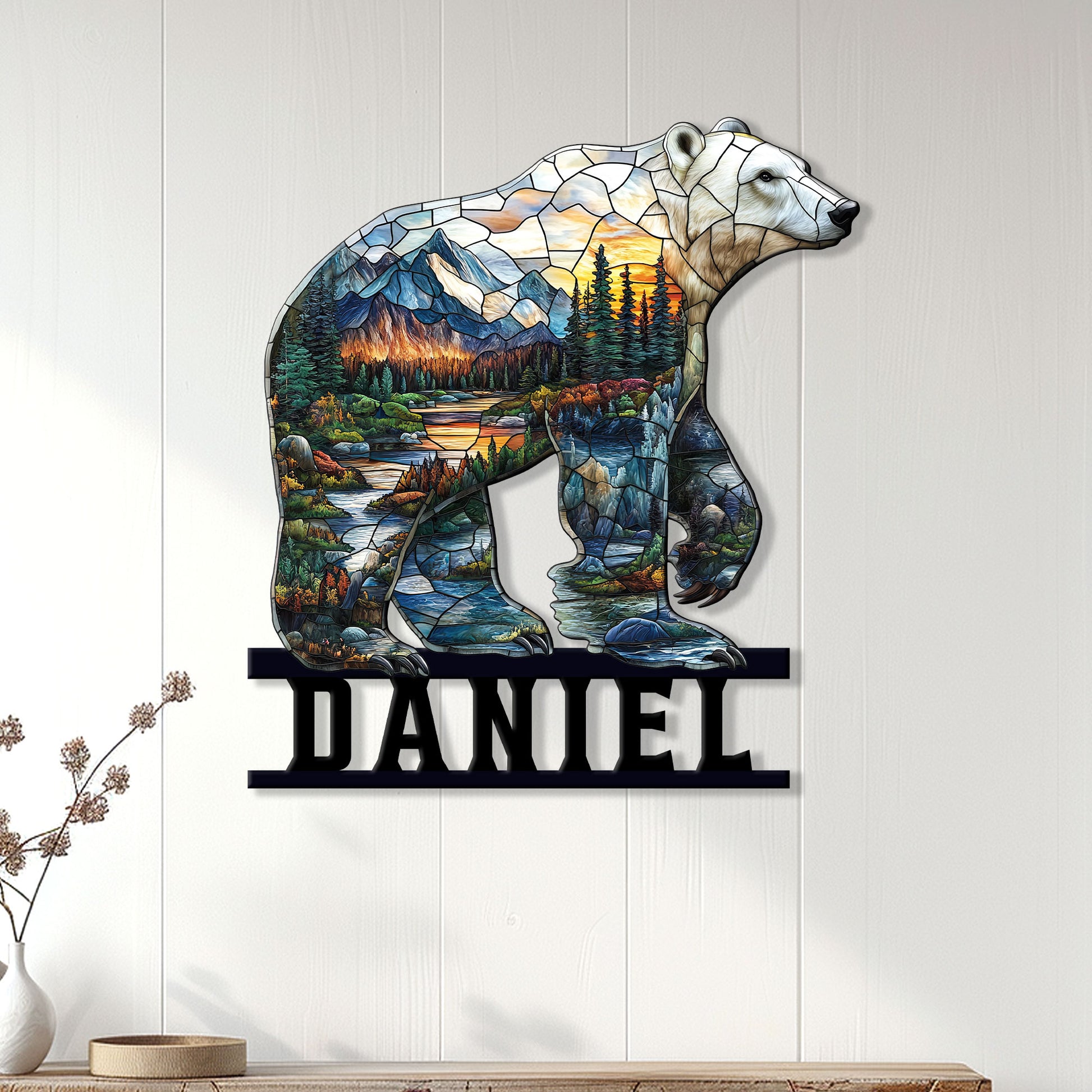 Bear mountain landscape metal sign displayed on a light wood wall in a nature-inspired room