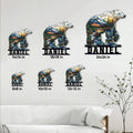 Bear metal wall sign shown in multiple size options above a bright living room sofa