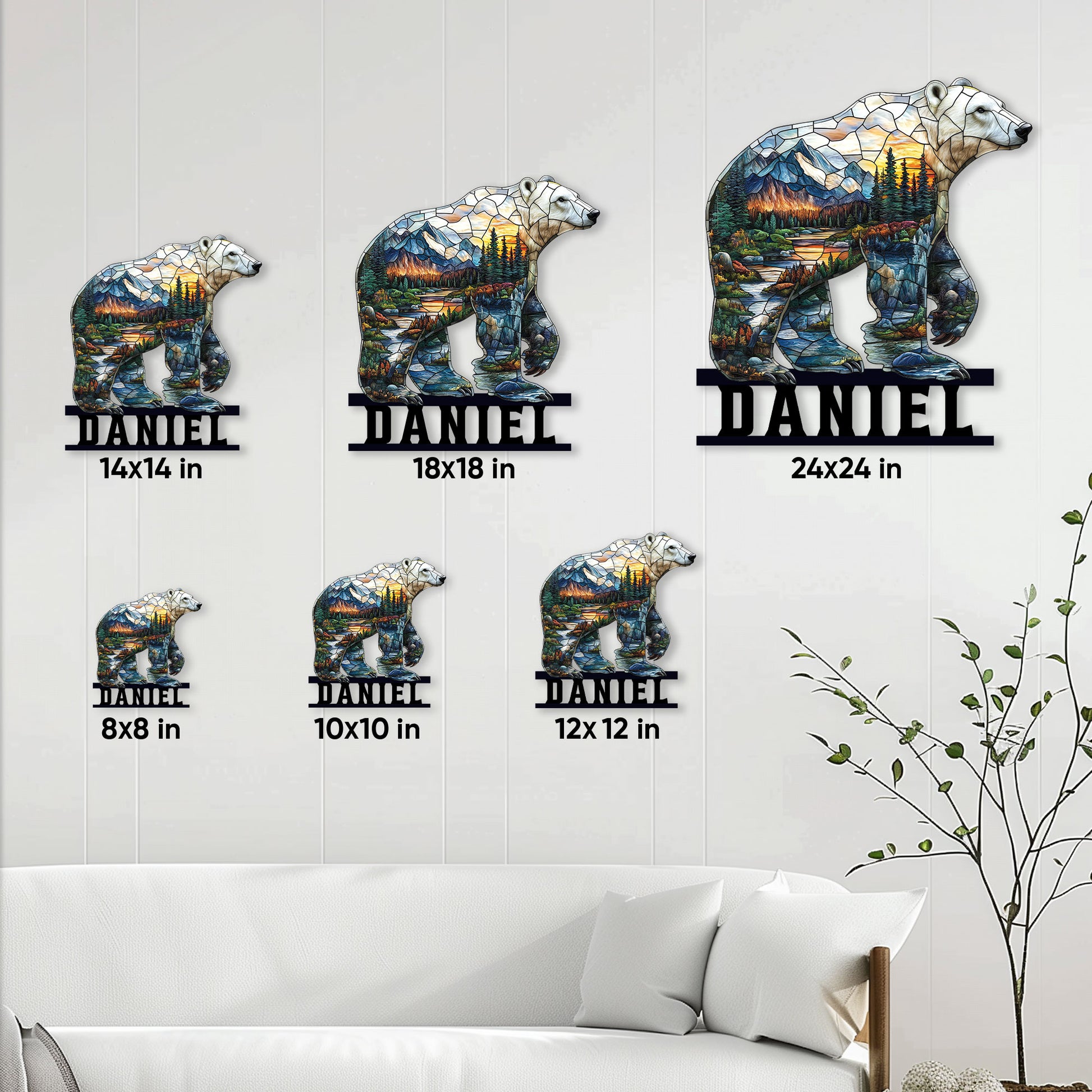 Bear metal wall sign shown in multiple size options above a bright living room sofa