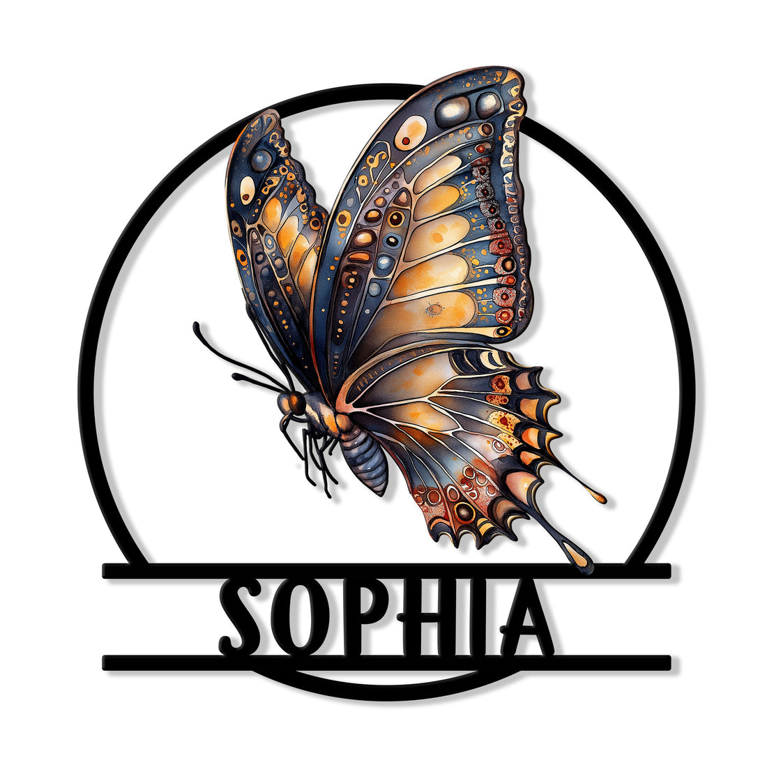 Ornate blue and orange butterfly metal sign with a circular frame and custom design