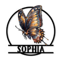 Ornate blue and orange butterfly metal sign with a circular frame and custom design