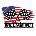 Custom racing metal sign featuring crossed checkered flags over a distressed American flag design