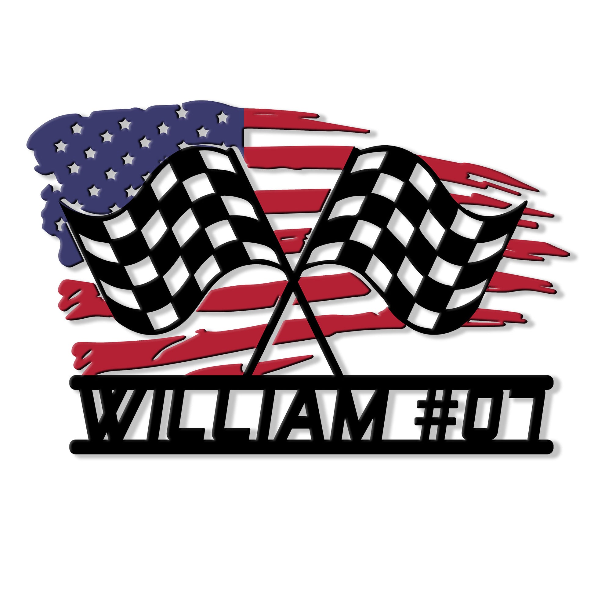Custom racing metal sign featuring crossed checkered flags over a distressed American flag design