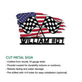 Racing metal sign showcasing crossed black-and-white checkered flags with an American flag backdrop