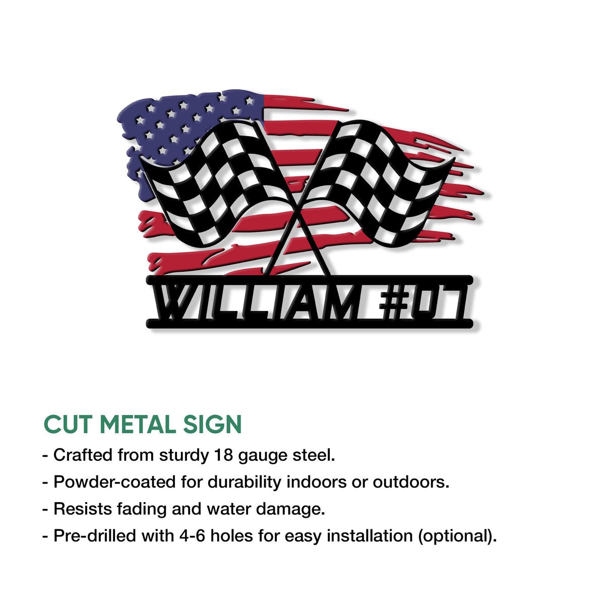 Racing metal sign showcasing crossed black-and-white checkered flags with an American flag backdrop