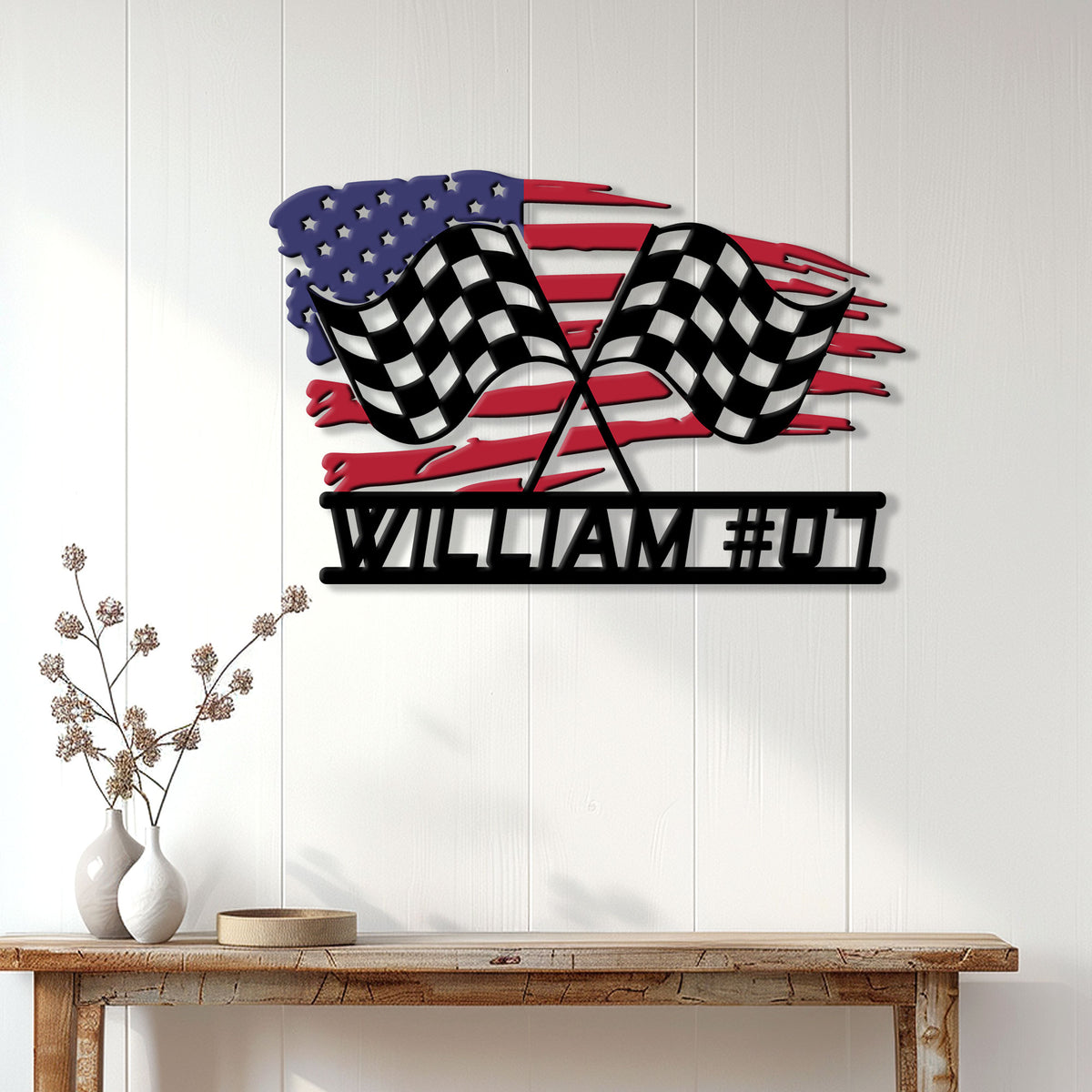 Checkered flag racing wall decor displayed on a light wood-paneled interior wall