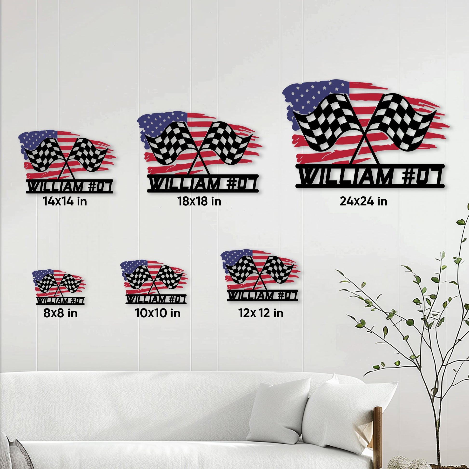 Racing metal sign size guide showing available square sizes from 8 by 8 to 24 by 24 inches