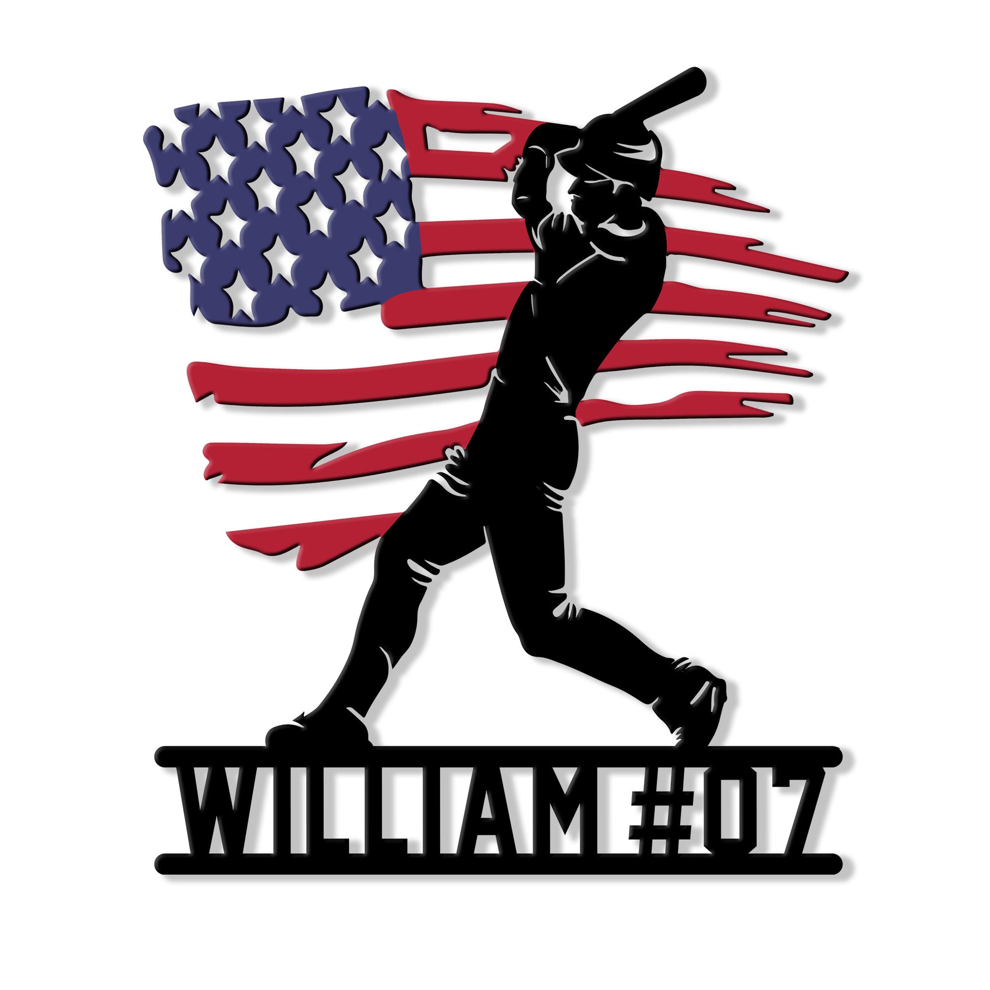 Custom baseball metal sign featuring a batter silhouette against a distressed American flag design