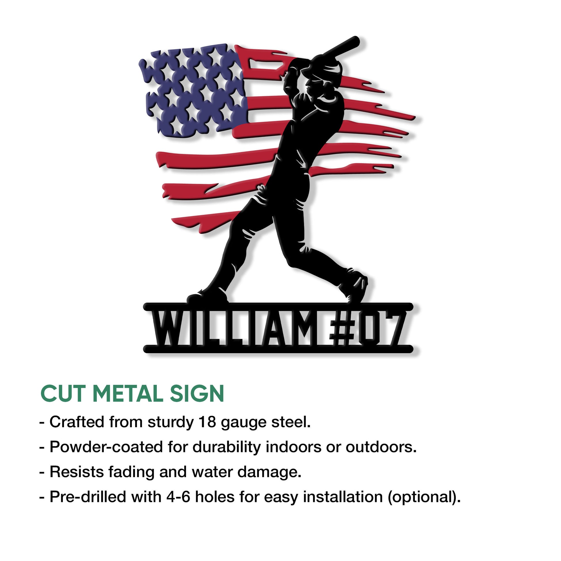 Cut metal baseball sign with a powerful batter silhouette and patriotic American flag backdrop