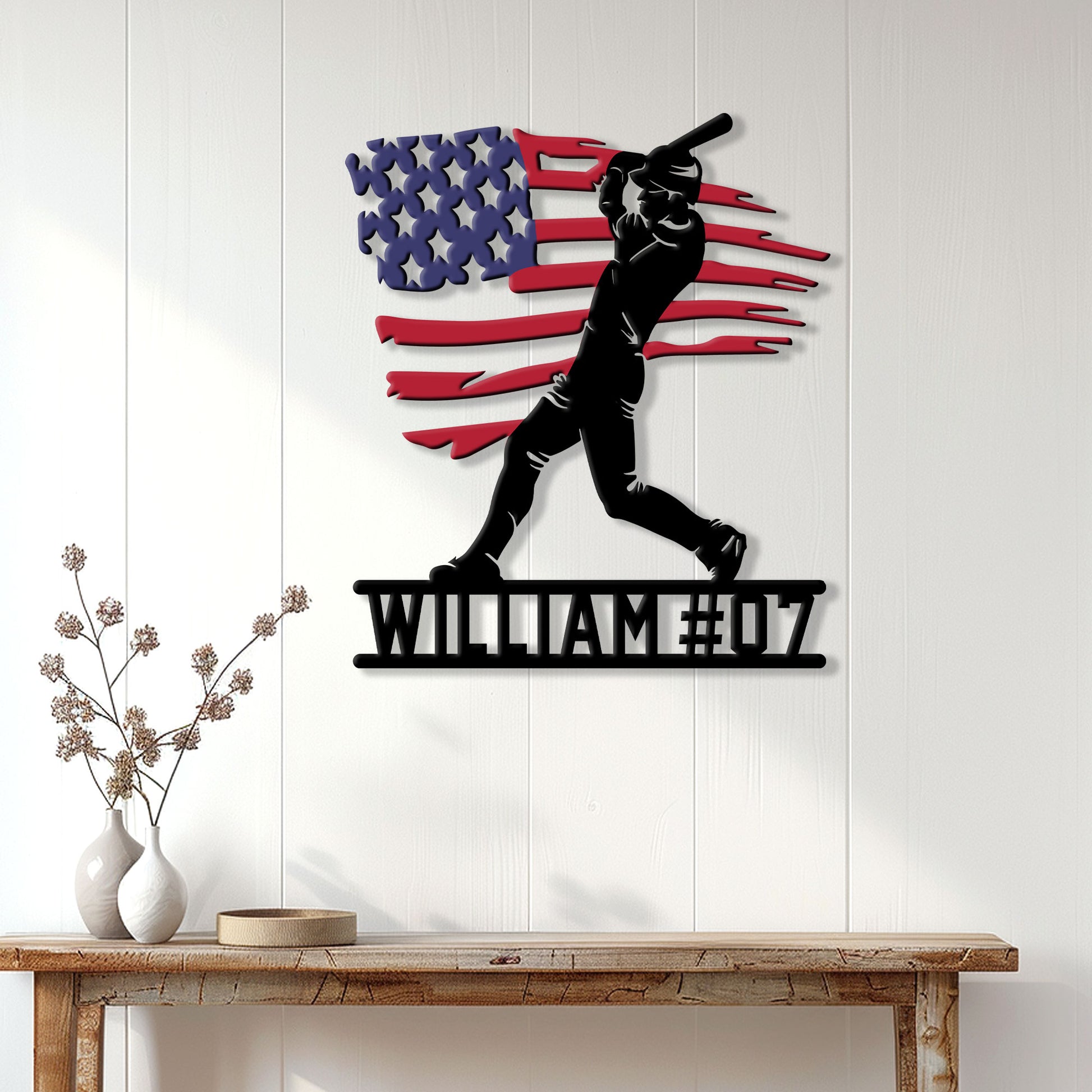 Baseball batter metal wall sign displayed on a light wood-paneled wall in a home setting