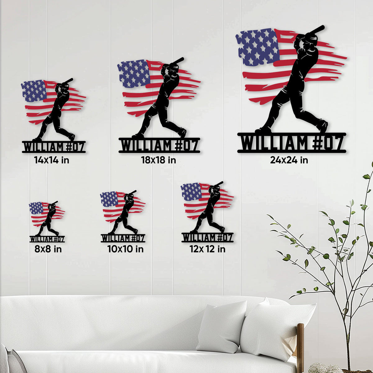 Baseball metal sign size guide showing square options from 8 by 8 to 24 by 24 inches