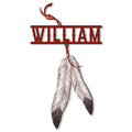 Custom Native American-inspired metal sign with beaded accents and two detailed hanging feathers