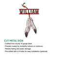 Native American-inspired feather metal sign shown with cut metal construction and hanging design