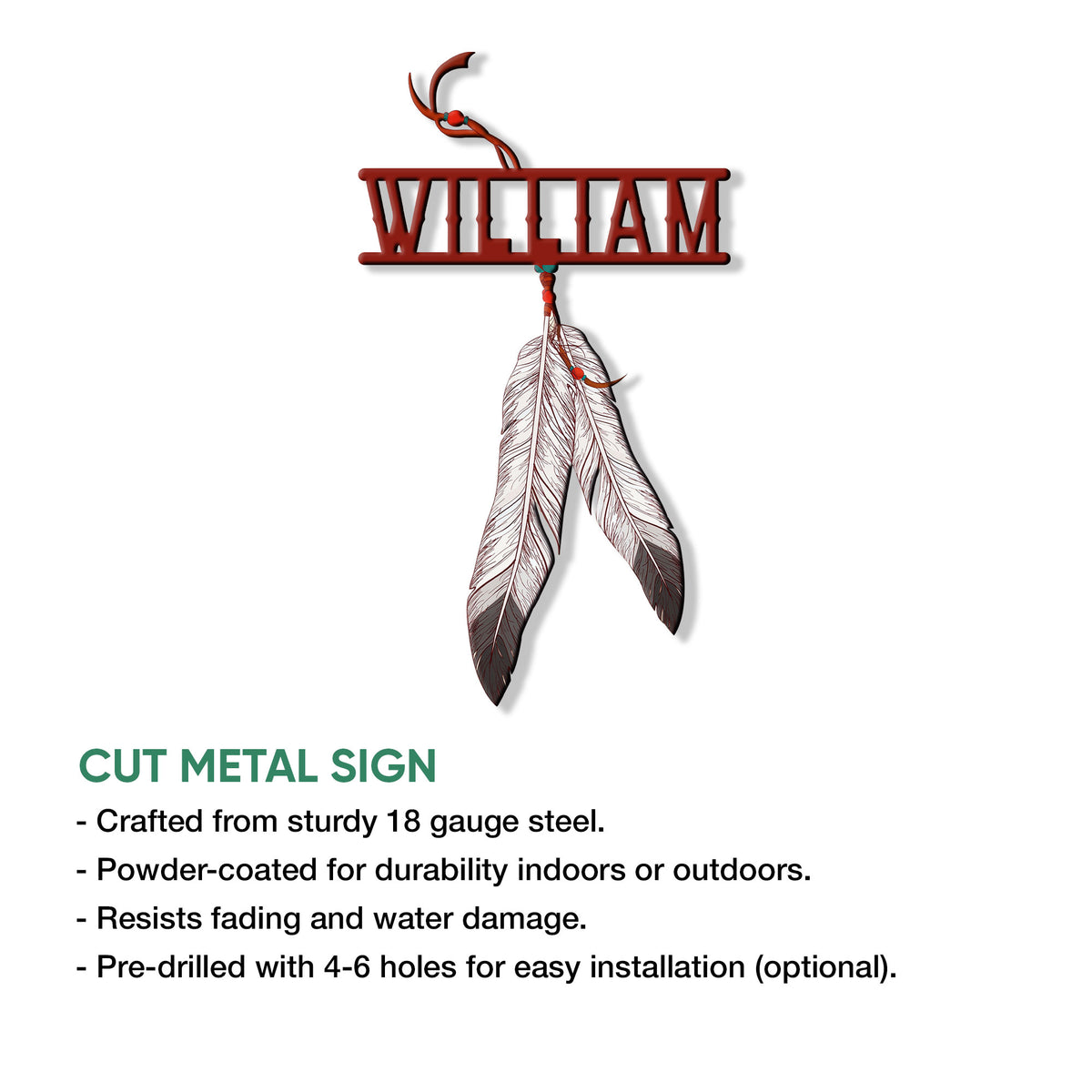 Native American-inspired feather metal sign shown with cut metal construction and hanging design