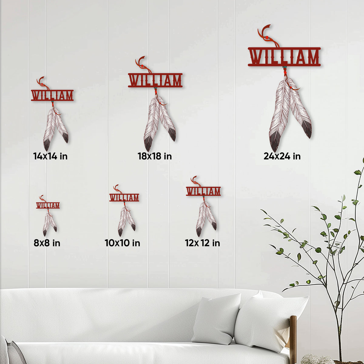 Native American-inspired feather sign size guide showing options from 8x8 to 24x24 inches