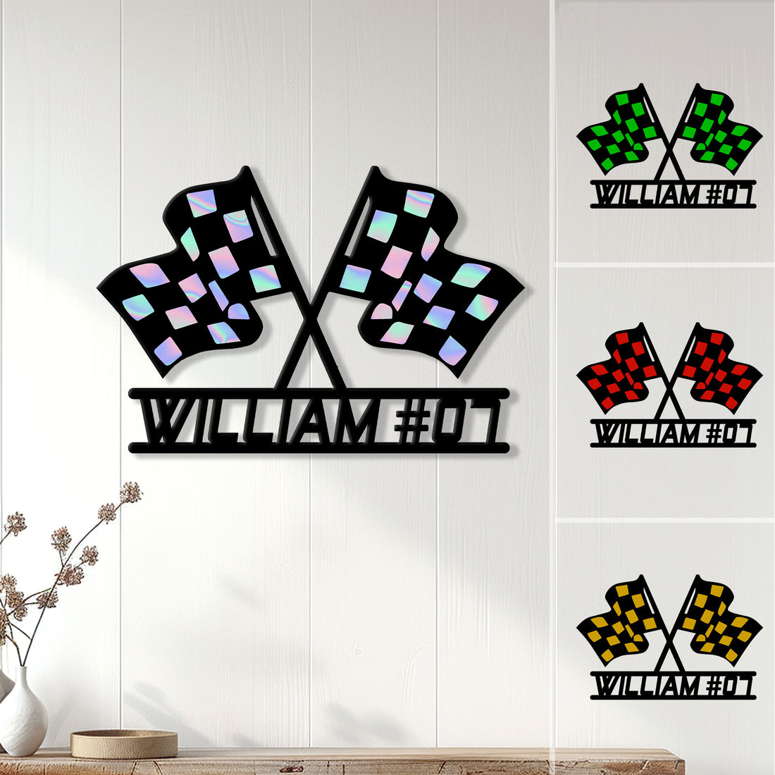 Racing flags metal sign displayed as garage wall decor with colorful checkered flag design options