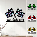 Racing flags metal sign displayed as garage wall decor with colorful checkered flag design options