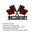 Cut metal racing sign featuring crossed checkered flags and bold motorsport-inspired styling