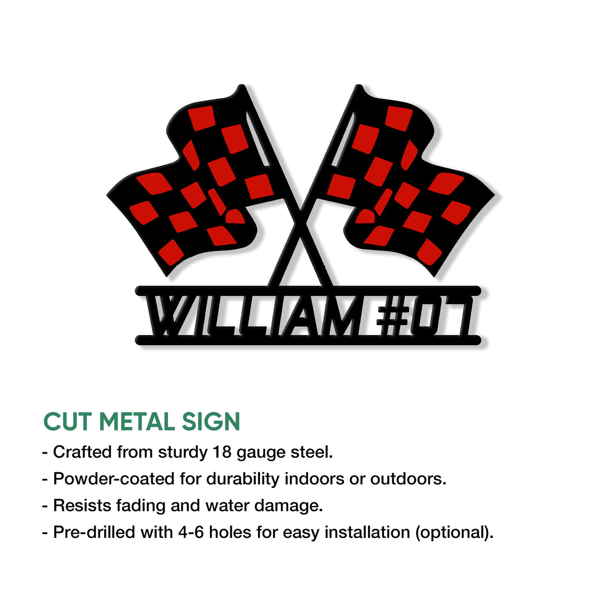 Cut metal racing sign featuring crossed checkered flags and bold motorsport-inspired styling
