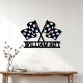 Racing flags wall sign shown in a home decor setting above a wooden console table
