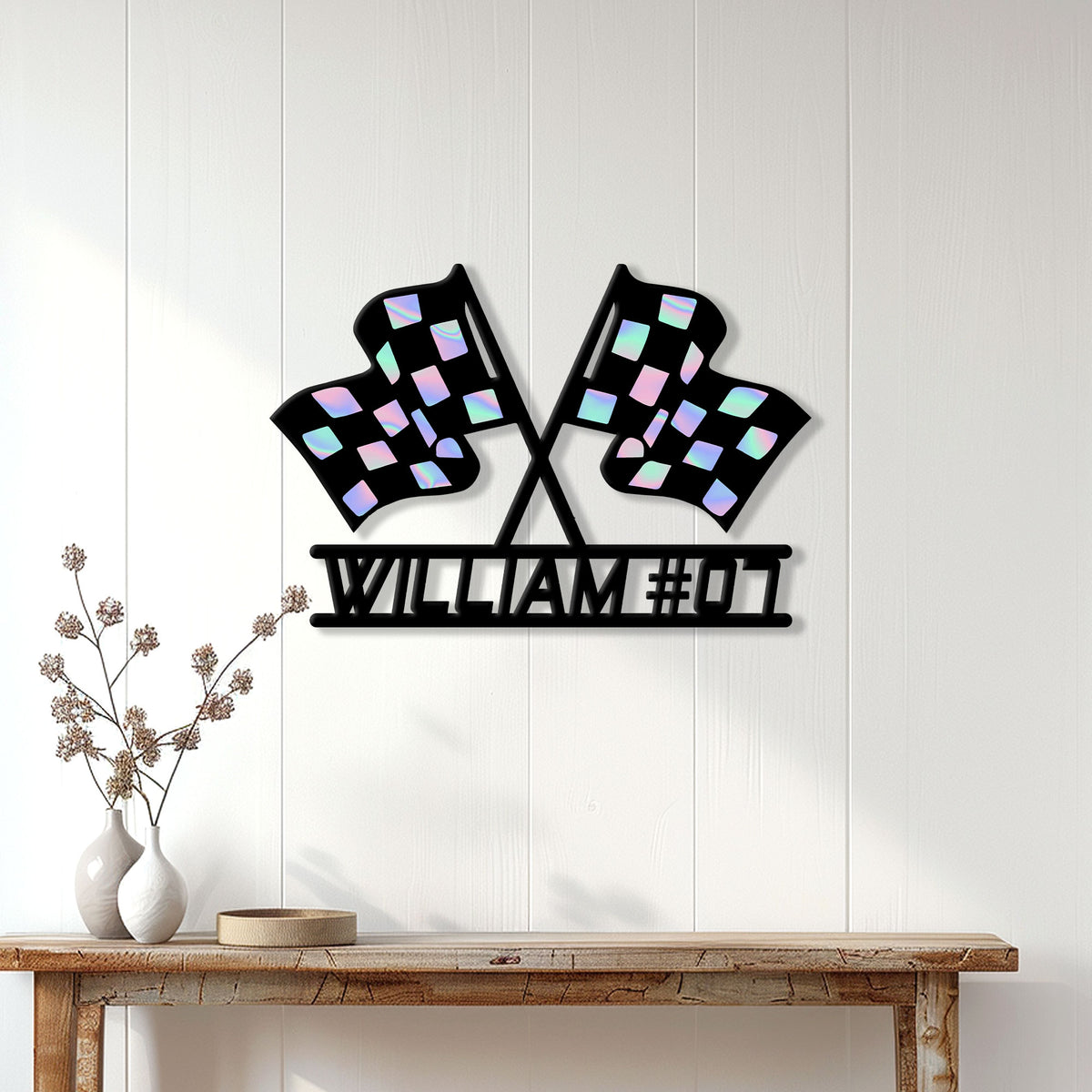 Racing flags wall sign shown in a home decor setting above a wooden console table