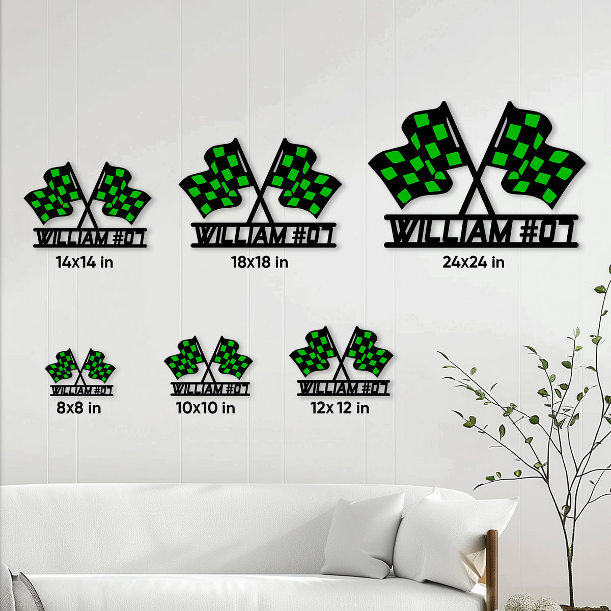 Racing flag metal sign size guide showing several square size options for wall display