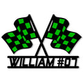 Racing flags metal sign shown in a bright green and black color combination