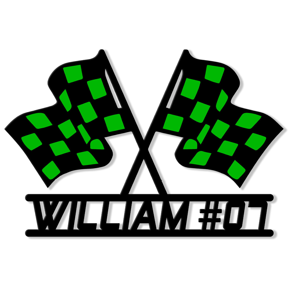 Racing flags metal sign shown in a bright green and black color combination