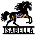 Black running horse silhouette metal sign decorated with colorful botanical accents